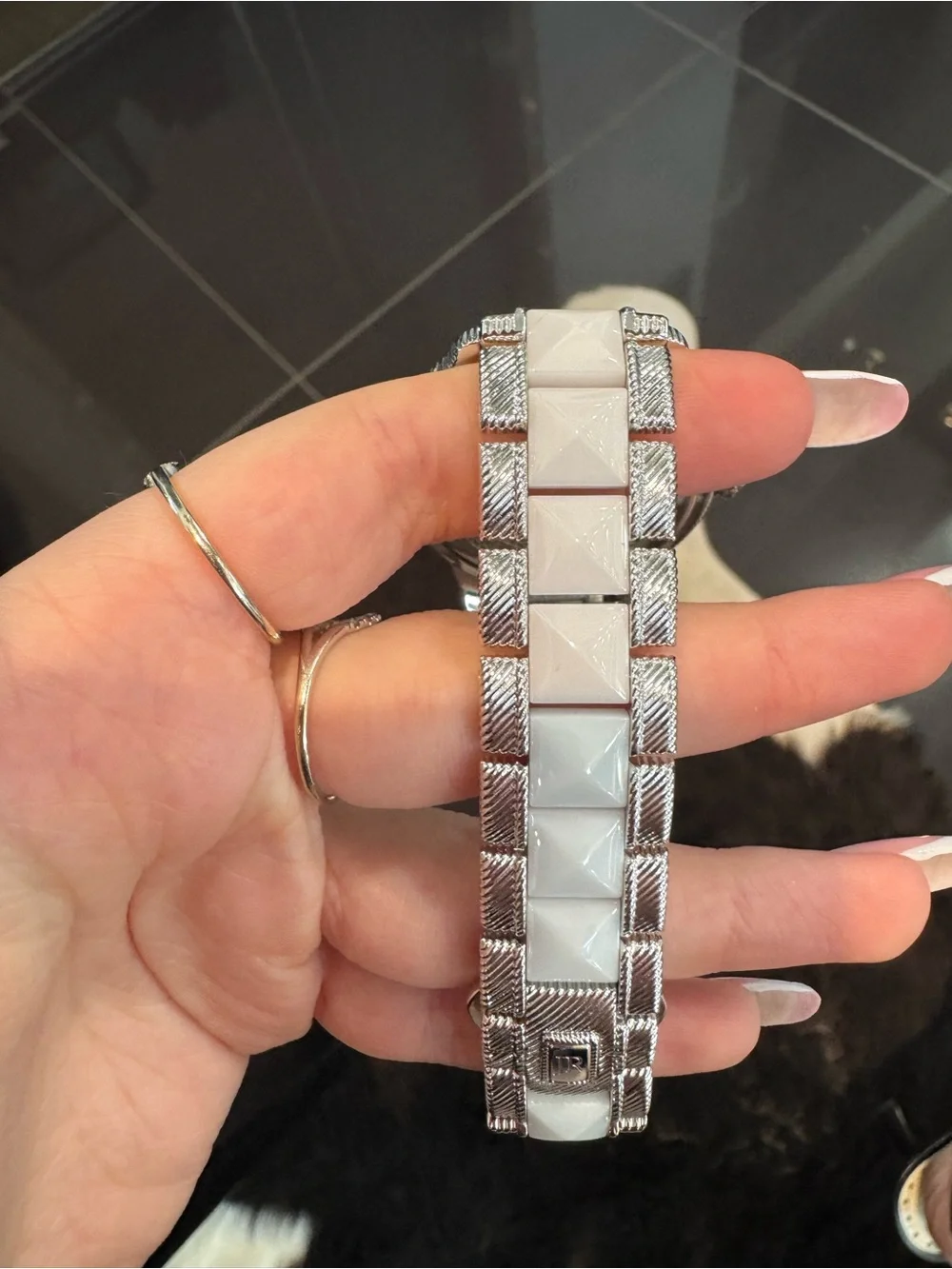 Judith Ripka Silvertone Watch White Pyramid Stud Stone Bezel Textured Link Band